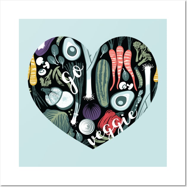 Go veggie // heart print // black background pine and mint vegetables Wall Art by SelmaCardoso